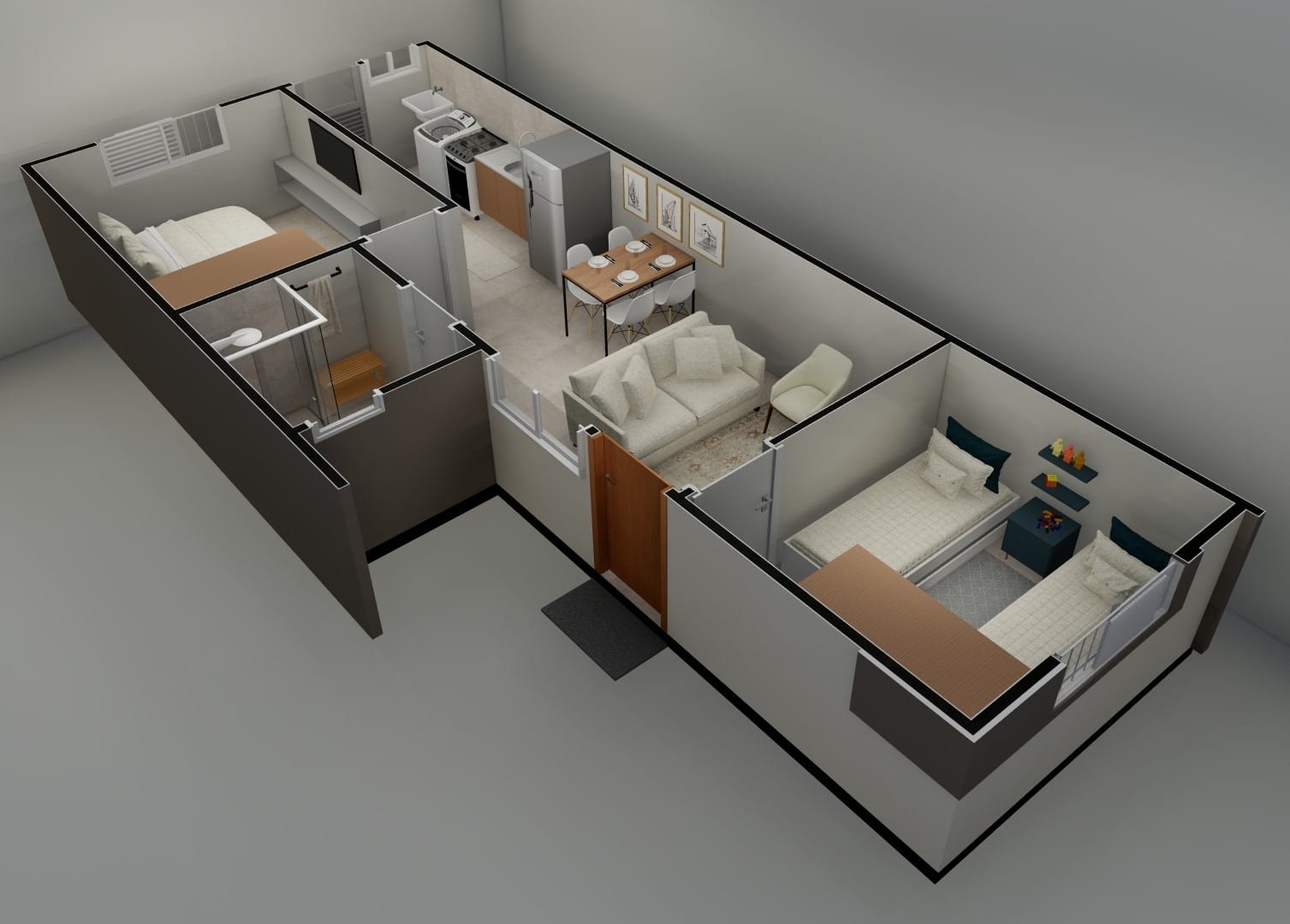 Outra perspectiva interna da casa, mostrando a distribuição dos ambientes.